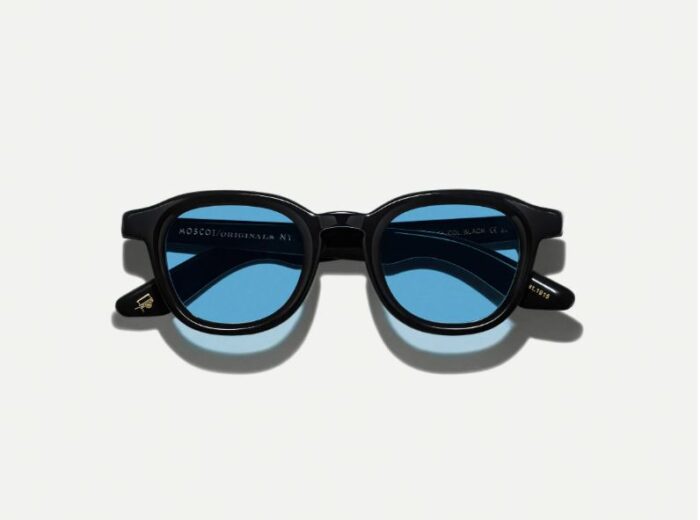 front Moscot Dahven Black Sunglasses with custom made tints - celebrity blue 44 - Image 1